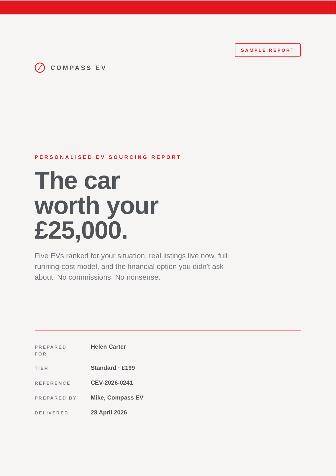 Sample Compass EV buyer report — cover page